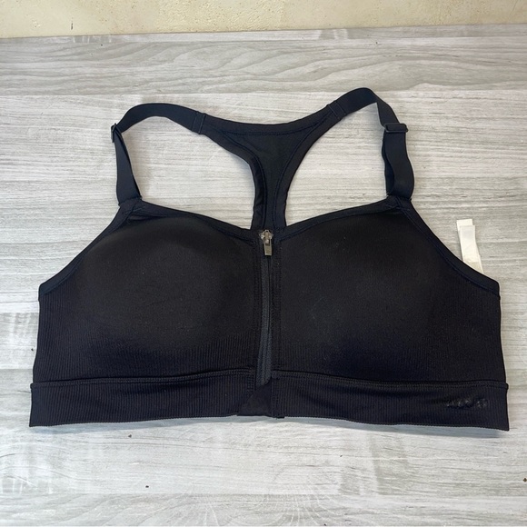 PINK Victoria’s Secret Black Front Zip Sports Bra Racer Open Back Womens size L - Picture 2 of 11